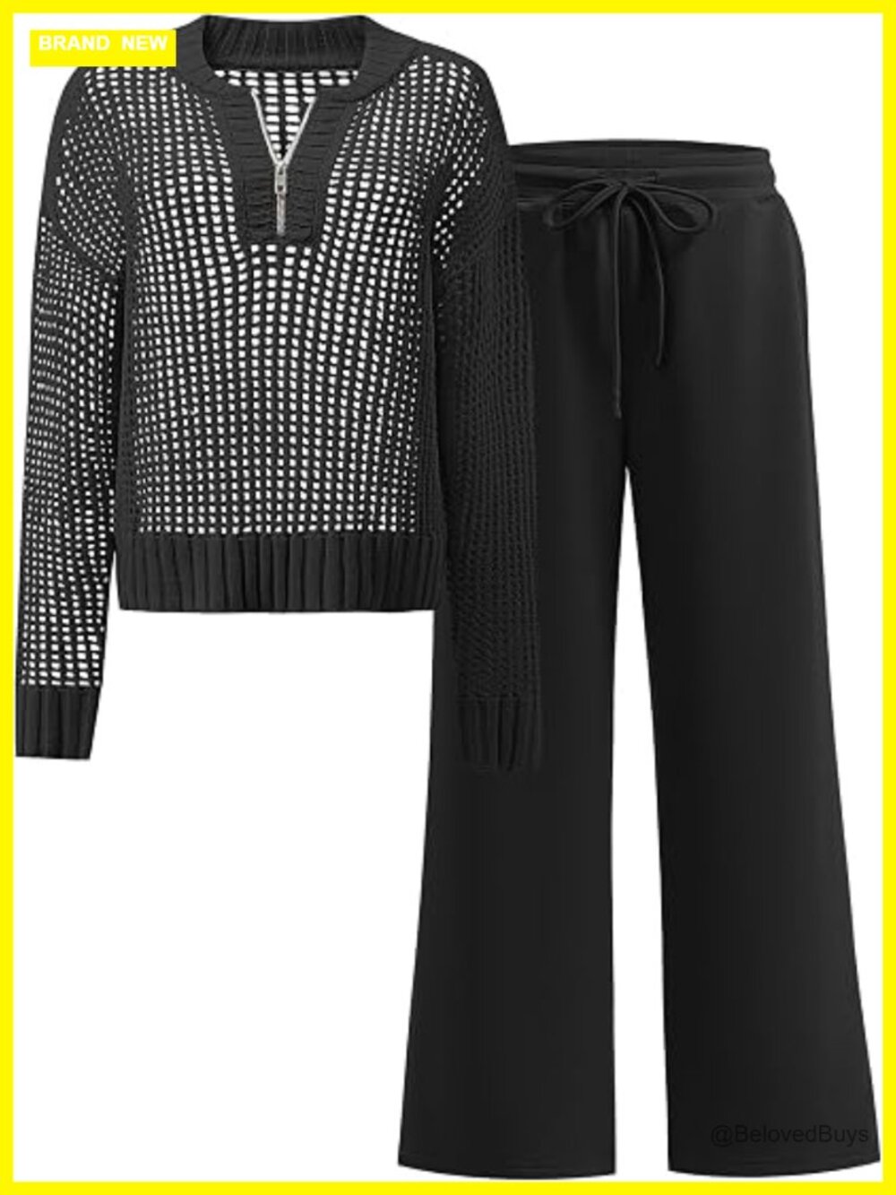Crochet Half Zip Sweater Top Wide Leg Pant 2 Piece Matching Lounge Set
